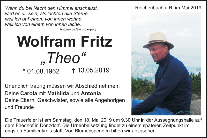  Traueranzeige für Wolfram Fritz vom 15.05.2019 aus NWZ Neue Württembergische Zeitung