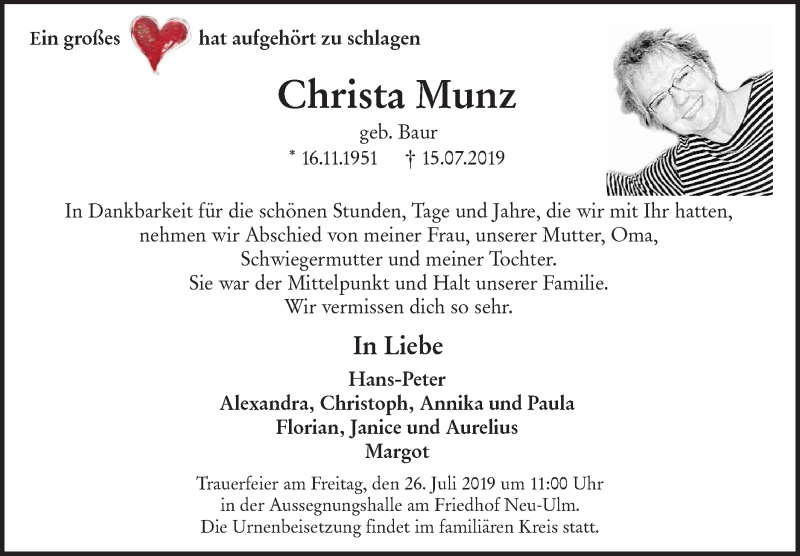 Traueranzeige für Christa Munz vom 20.07.2019 aus SÜDWEST PRESSE Ausgabe Ulm/Neu-Ulm