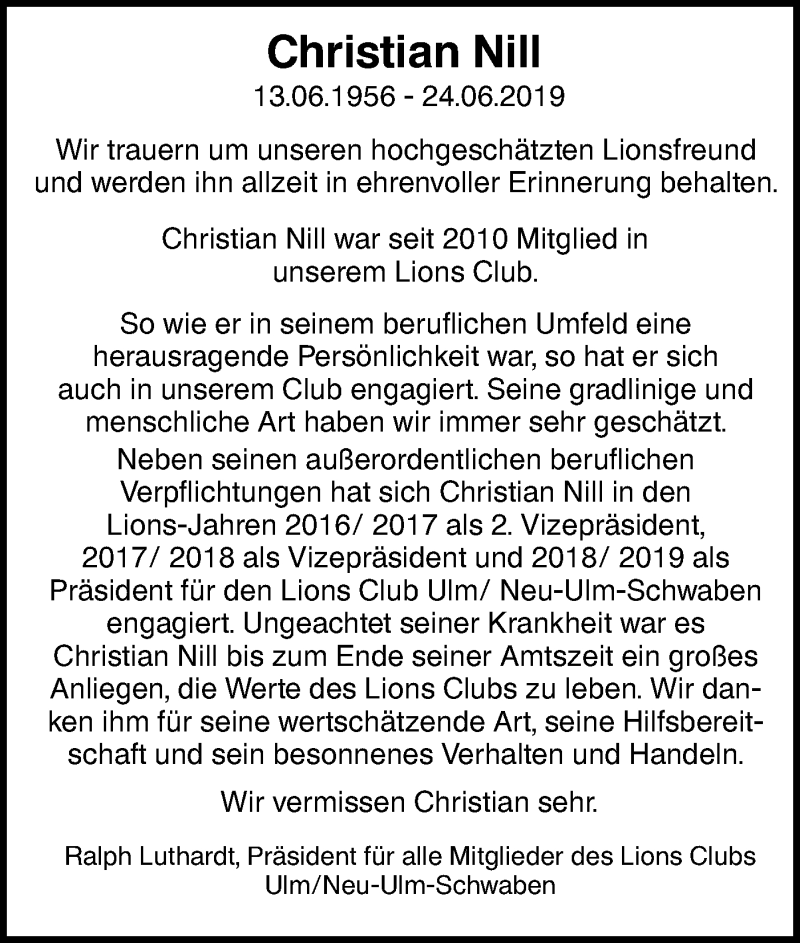  Traueranzeige für Christian Nill vom 03.07.2019 aus SÜDWEST PRESSE Ausgabe Ulm/Neu-Ulm