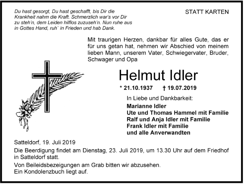  Traueranzeige für Helmut Idler vom 20.07.2019 aus Hohenloher Tagblatt