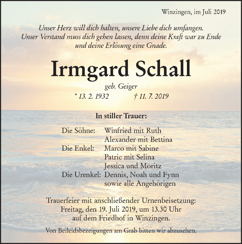 Traueranzeige für Irmgard Schall vom 17.07.2019 aus NWZ Neue Württembergische Zeitung
