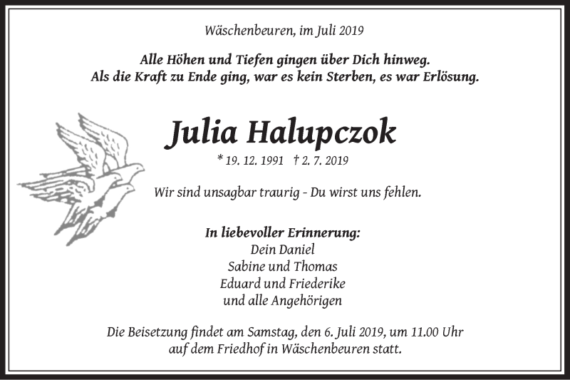  Traueranzeige für Julia Halupczok vom 04.07.2019 aus NWZ Neue Württembergische Zeitung