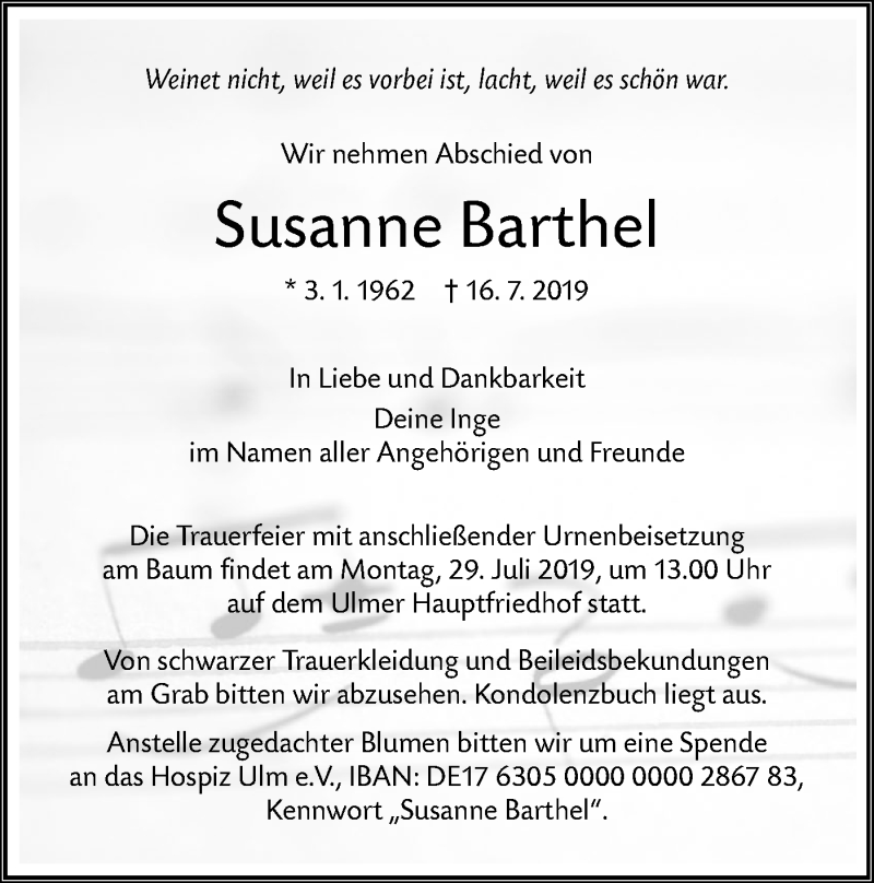  Traueranzeige für Susanne Barthel vom 20.07.2019 aus SÜDWEST PRESSE Ausgabe Ulm/Neu-Ulm