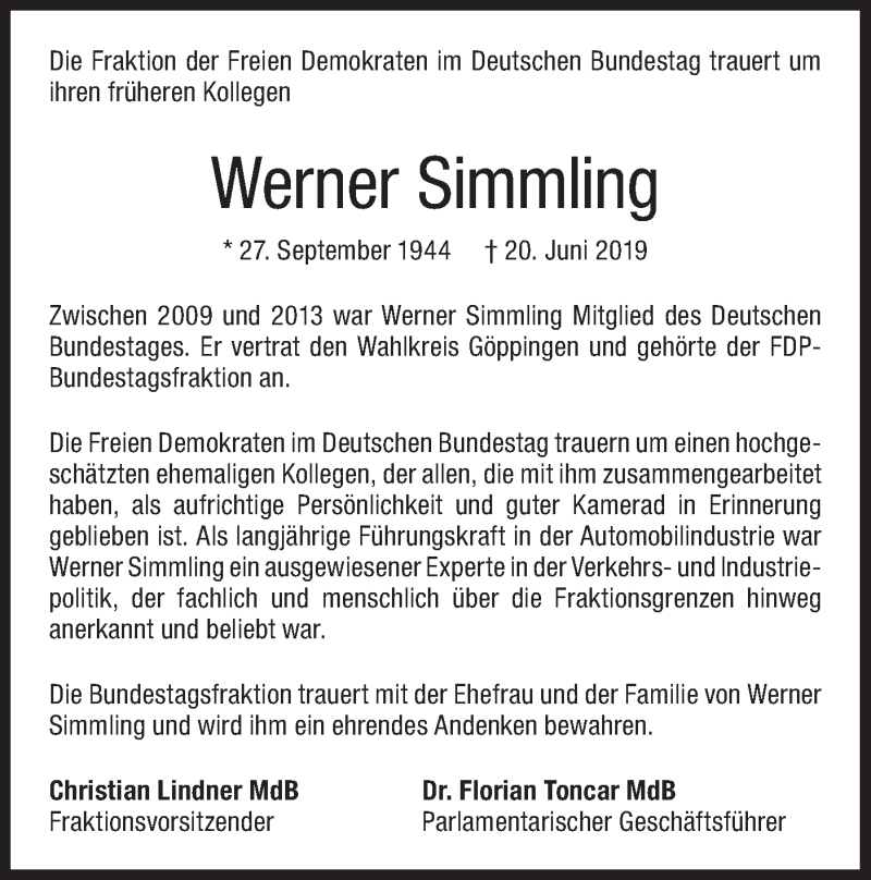  Traueranzeige für Werner Simmling vom 13.07.2019 aus NWZ Neue Württembergische Zeitung