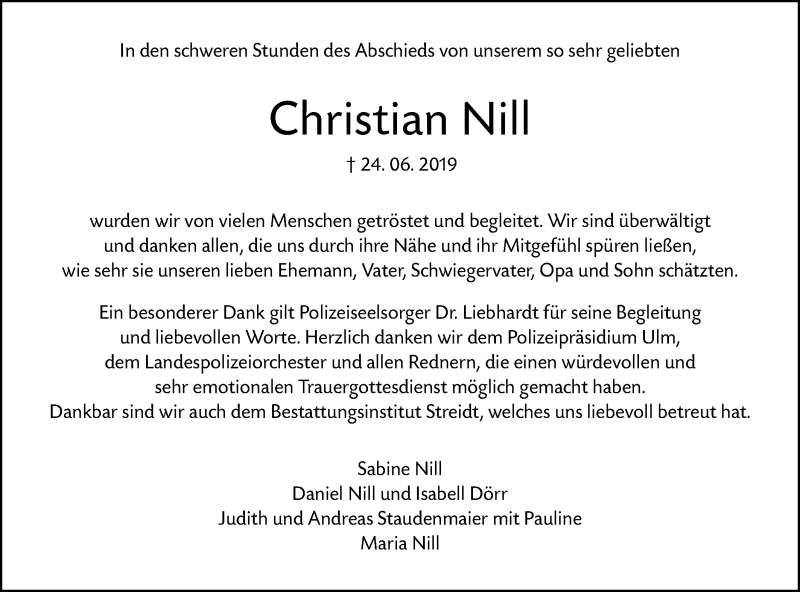  Traueranzeige für Christian Nill vom 10.08.2019 aus SÜDWEST PRESSE
