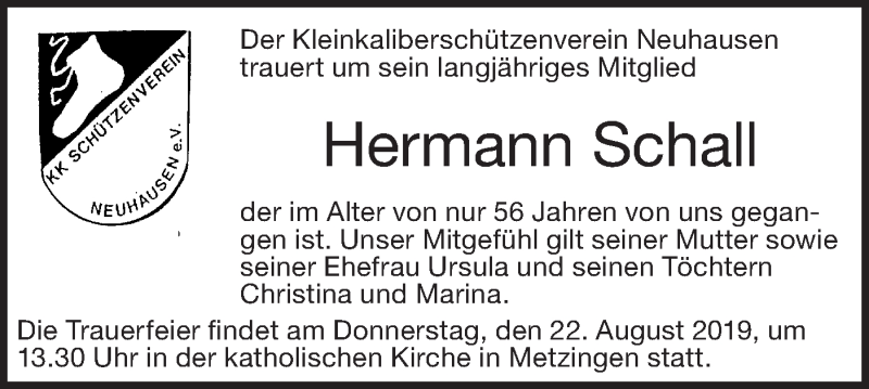 Traueranzeige für Hermann Schall vom 21.08.2019 aus Metzinger-Uracher Volksblatt
