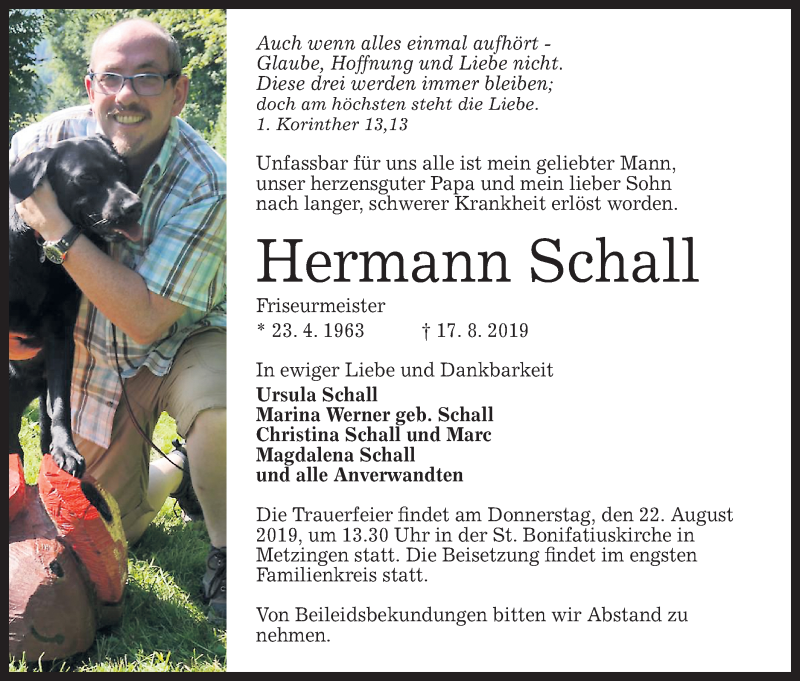  Traueranzeige für Hermann Schall vom 21.08.2019 aus Metzinger-Uracher Volksblatt