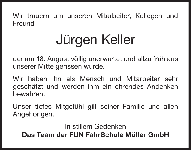  Traueranzeige für Jürgen Keller vom 22.08.2019 aus NWZ Neue Württembergische Zeitung