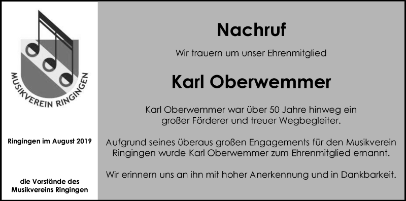  Traueranzeige für Karl Oberwemmer vom 21.08.2019 aus Hohenzollerische Zeitung