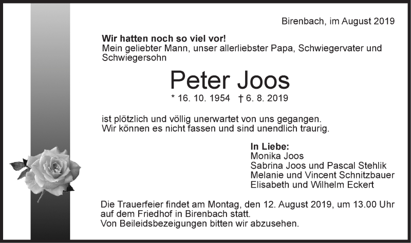  Traueranzeige für Peter Joos vom 09.08.2019 aus NWZ Neue Württembergische Zeitung