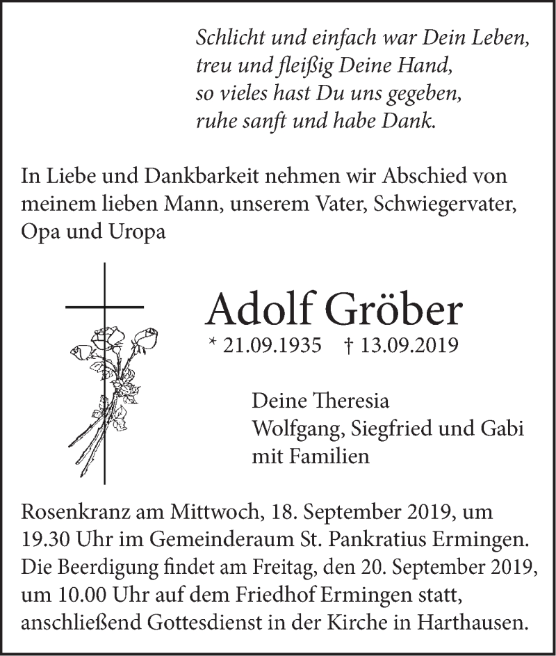  Traueranzeige für Adolf Gröber vom 17.09.2019 aus SÜDWEST PRESSE Ausgabe Ulm/Neu-Ulm