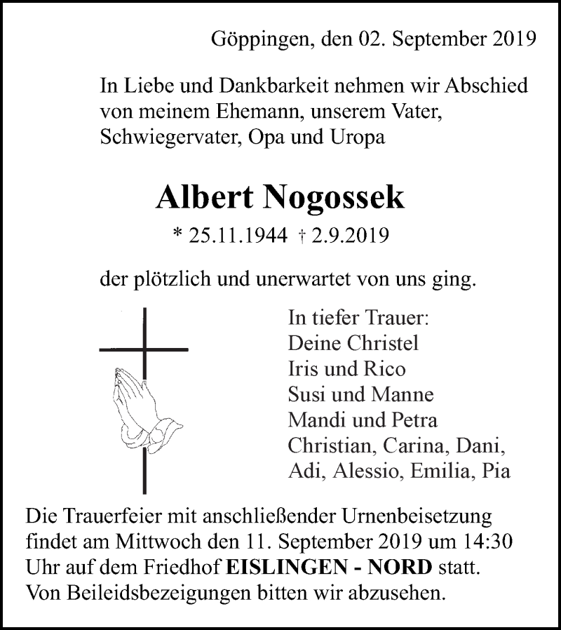  Traueranzeige für Albert Nogossek vom 07.09.2019 aus NWZ Neue Württembergische Zeitung