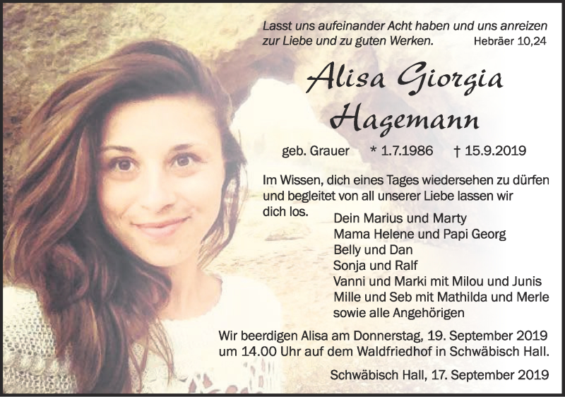  Traueranzeige für Alisa Giorgia Hagemann vom 17.09.2019 aus Haller Tagblatt