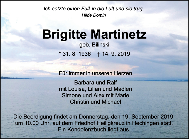  Traueranzeige für Brigitte Martinetz vom 17.09.2019 aus Hohenzollerische Zeitung