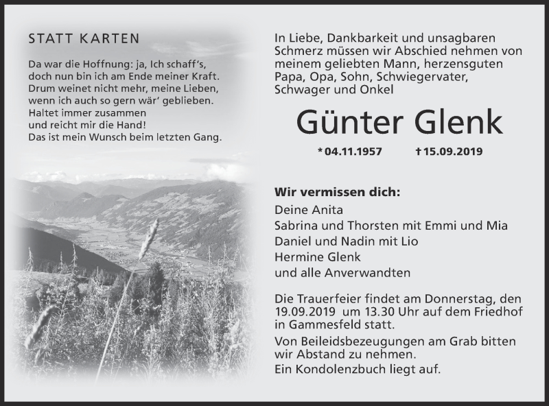  Traueranzeige für Günter Glenk vom 17.09.2019 aus Hohenloher Tagblatt