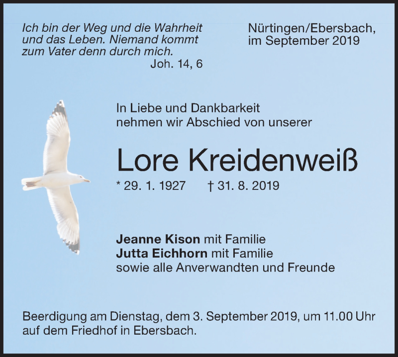  Traueranzeige für Lore Kreidenweiß vom 02.09.2019 aus NWZ Neue Württembergische Zeitung