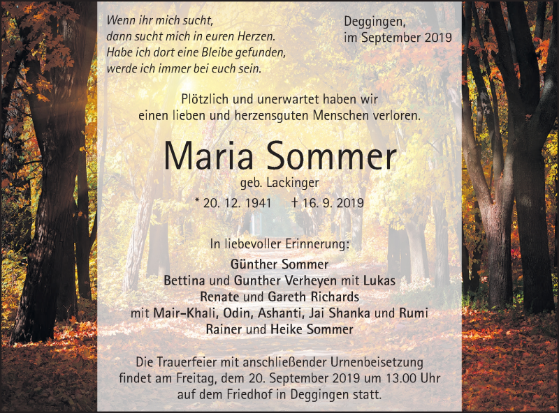  Traueranzeige für Maria Sommer vom 18.09.2019 aus Geislinger Zeitung