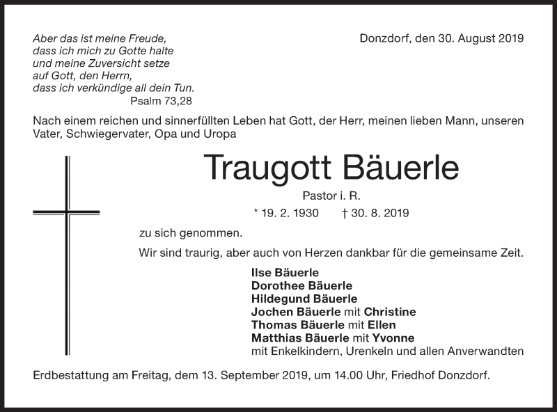 Traueranzeige für Traugott Bäuerle vom 07.09.2019 aus NWZ Neue Württembergische Zeitung/Geislinger Zeitung