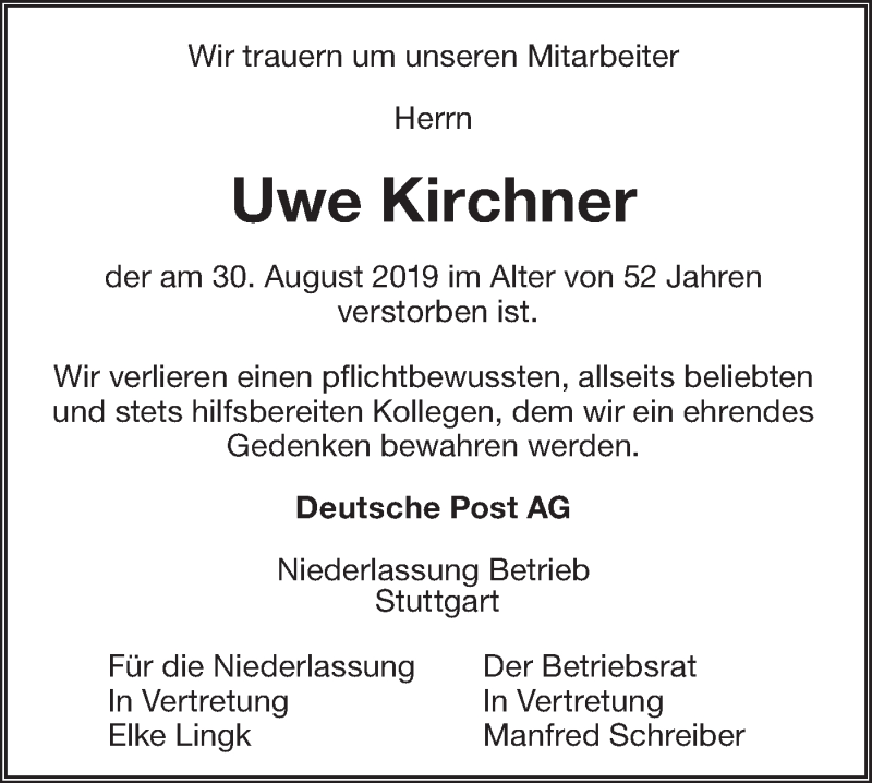  Traueranzeige für Uwe Kirchner vom 11.09.2019 aus NWZ Neue Württembergische Zeitung