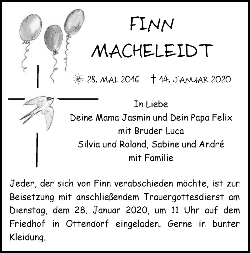  Traueranzeige für Finn Macheleidt vom 21.01.2020 aus Haller Tagblatt