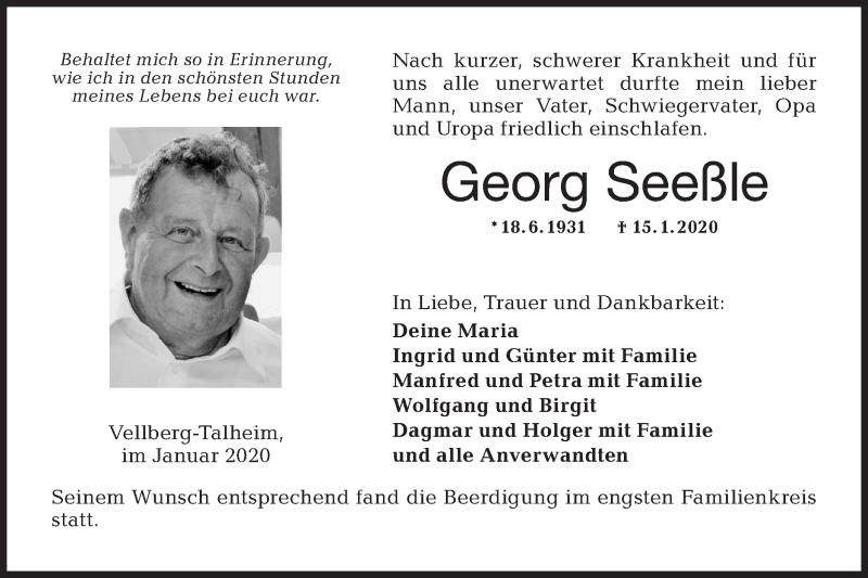  Traueranzeige für Georg Seeßle vom 21.01.2020 aus Haller Tagblatt