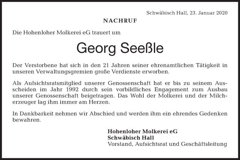  Traueranzeige für Georg Seeßle vom 23.01.2020 aus Haller Tagblatt