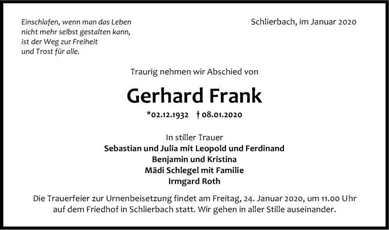  Traueranzeige für Gerhard Frank vom 18.01.2020 aus NWZ Neue Württembergische Zeitung