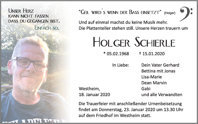  Traueranzeige für Holger Schierle vom 18.01.2020 aus Haller Tagblatt