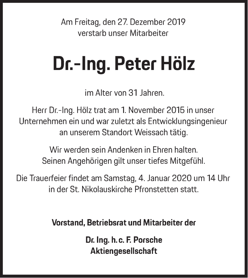  Traueranzeige für Peter Hölz vom 04.01.2020 aus Alb-Bote/Metzinger-Uracher Volksblatt