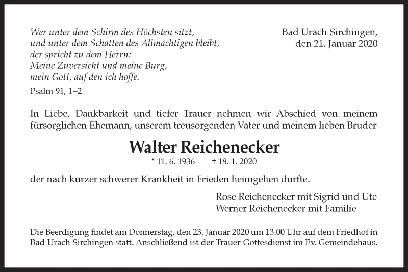  Traueranzeige für Walter Reichenecker vom 21.01.2020 aus Metzinger-Uracher Volksblatt