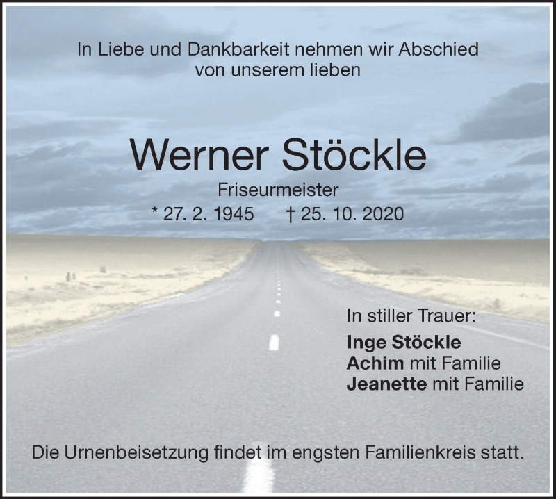  Traueranzeige für Werner Stöckle vom 27.10.2020 aus NWZ Neue Württembergische Zeitung