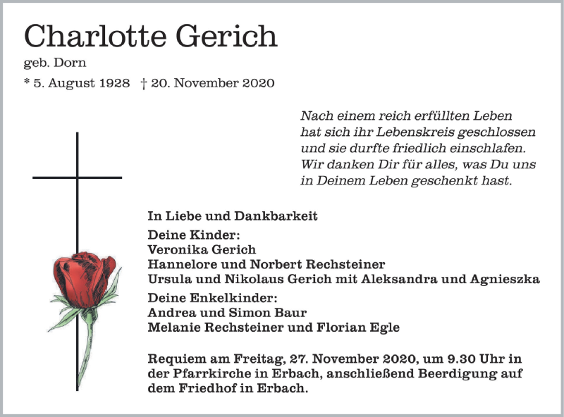  Traueranzeige für Charlotte Gerich vom 25.11.2020 aus SÜDWEST PRESSE Ausgabe Ulm/Neu-Ulm