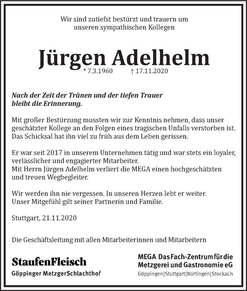  Traueranzeige für Jürgen Adelhelm vom 21.11.2020 aus NWZ Neue Württembergische Zeitung