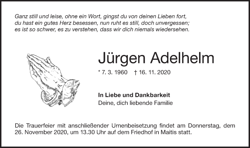  Traueranzeige für Jürgen Adelhelm vom 21.11.2020 aus NWZ Neue Württembergische Zeitung