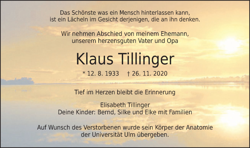  Traueranzeige für Klaus Tillinger vom 28.11.2020 aus SÜDWEST PRESSE Ausgabe Ulm/Neu-Ulm