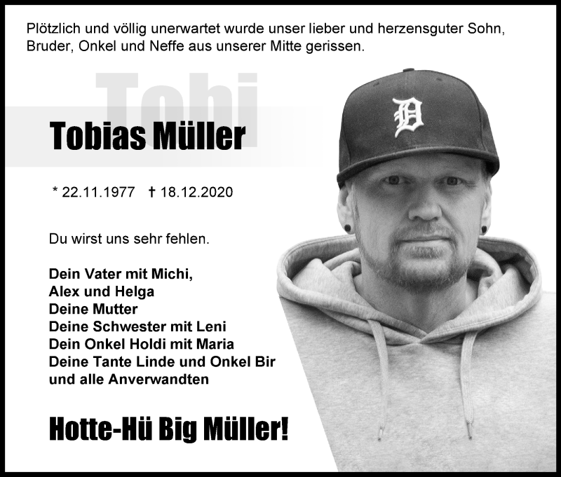  Traueranzeige für Tobias Müller vom 21.12.2020 aus Hohenloher Tagblatt