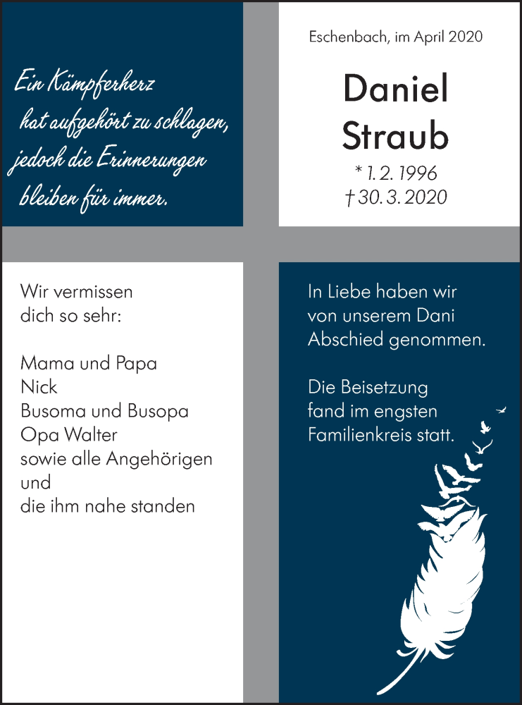  Traueranzeige für Daniel Straub vom 04.04.2020 aus NWZ Neue Württembergische Zeitung