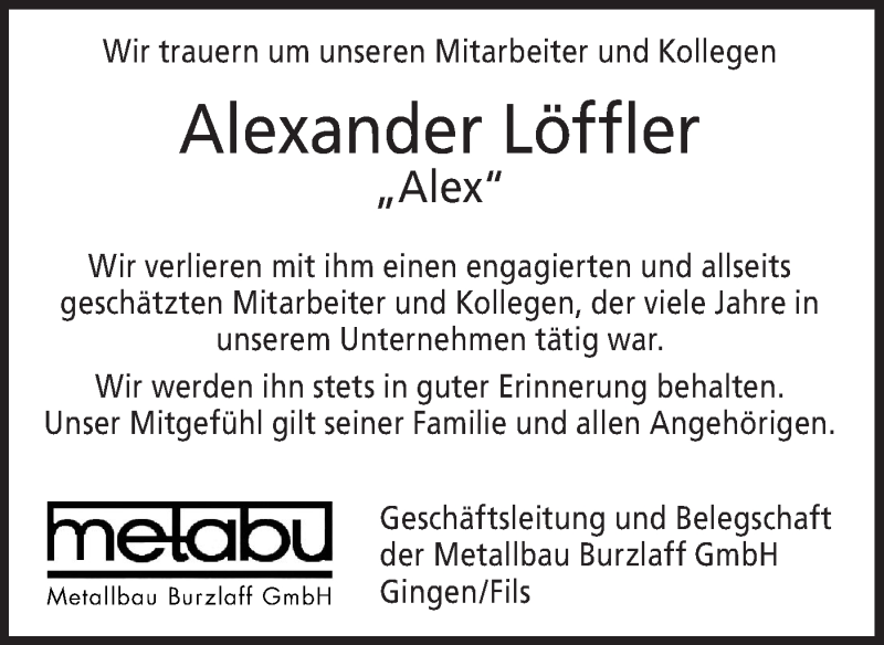  Traueranzeige für Alexander Löffler vom 22.05.2020 aus Geislinger Zeitung