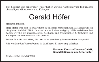 Traueranzeige von Gerald Höfer von Haller Tagblatt