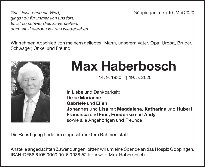  Traueranzeige für Max Haberbosch vom 20.05.2020 aus NWZ Neue Württembergische Zeitung