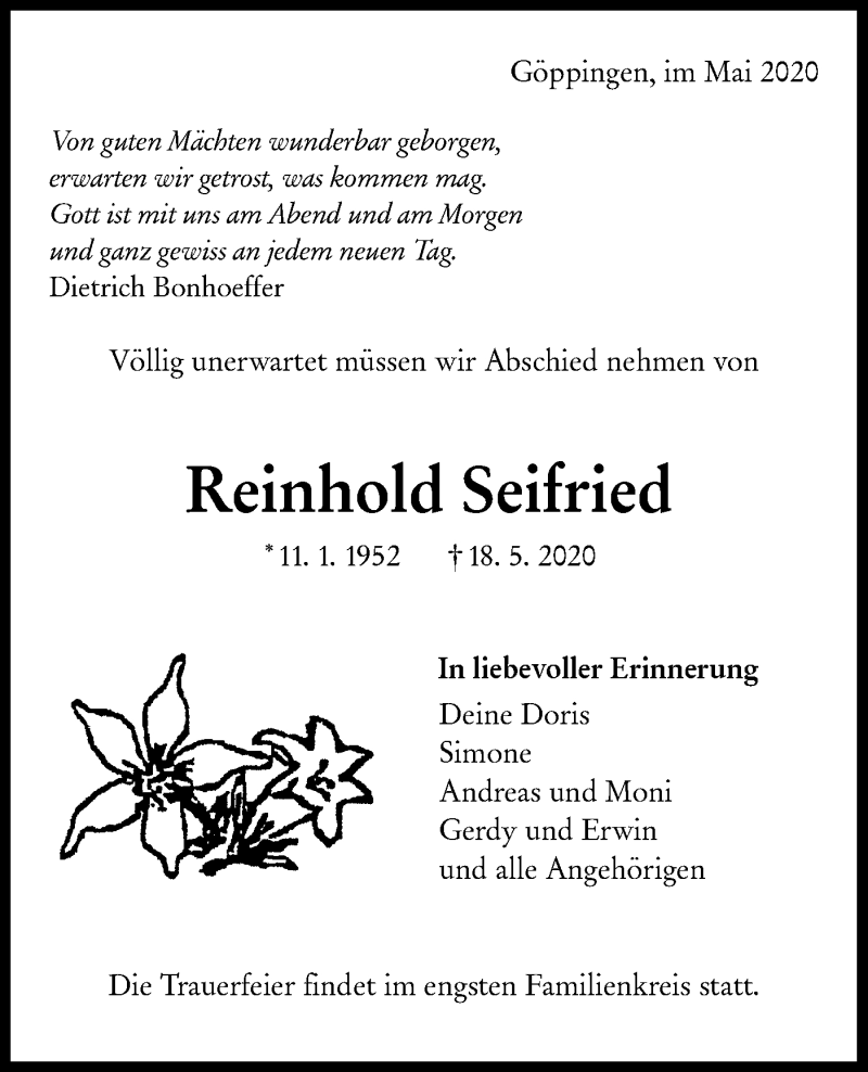  Traueranzeige für Reinhold Seifried vom 20.05.2020 aus NWZ Neue Württembergische Zeitung