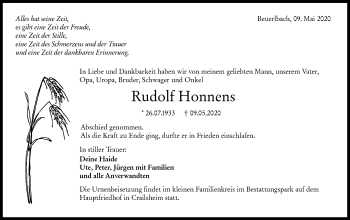 Traueranzeige von Rudolf Honnens von Hohenloher Tagblatt