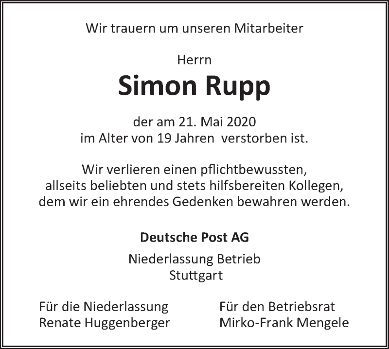  Traueranzeige für Simon Rupp vom 29.05.2020 aus NWZ Neue Württembergische Zeitung