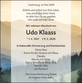 Traueranzeige von Udo Klaass von NWZ Neue Württembergische Zeitung