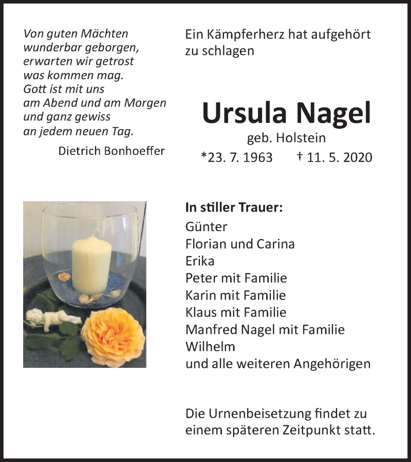 Traueranzeige für Ursula Nagel vom 16.05.2020 aus NWZ Neue Württembergische Zeitung