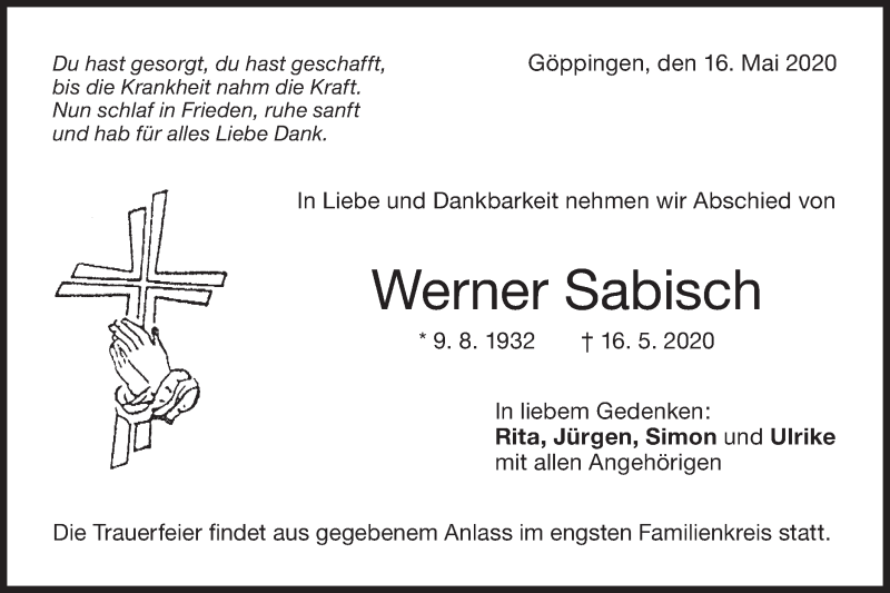  Traueranzeige für Werner Sabisch vom 20.05.2020 aus NWZ Neue Württembergische Zeitung