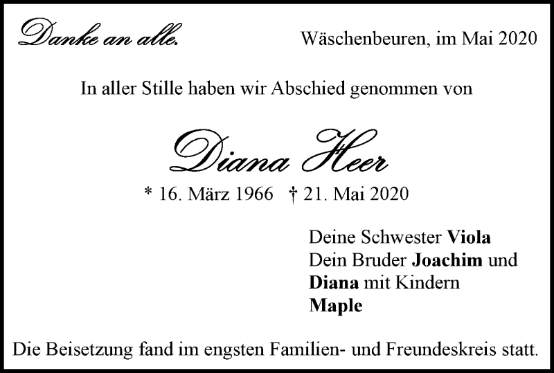  Traueranzeige für Diana Heer vom 30.05.2020 aus NWZ Neue Württembergische Zeitung