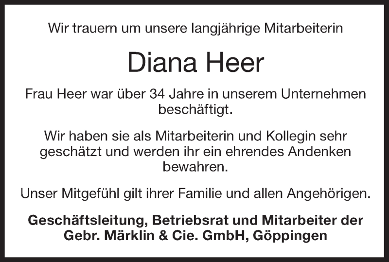  Traueranzeige für Diana Heer vom 30.05.2020 aus NWZ Neue Württembergische Zeitung