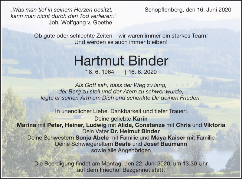  Traueranzeige für Hartmut Binder vom 19.06.2020 aus NWZ Neue Württembergische Zeitung