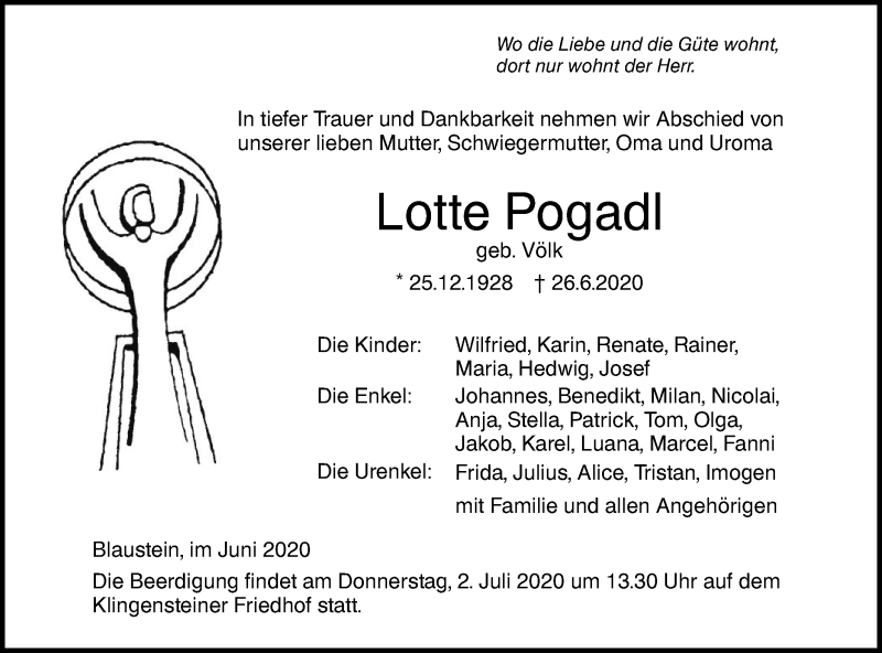  Traueranzeige für Lotte Pogadl vom 30.06.2020 aus SÜDWEST PRESSE Ausgabe Ulm/Neu-Ulm